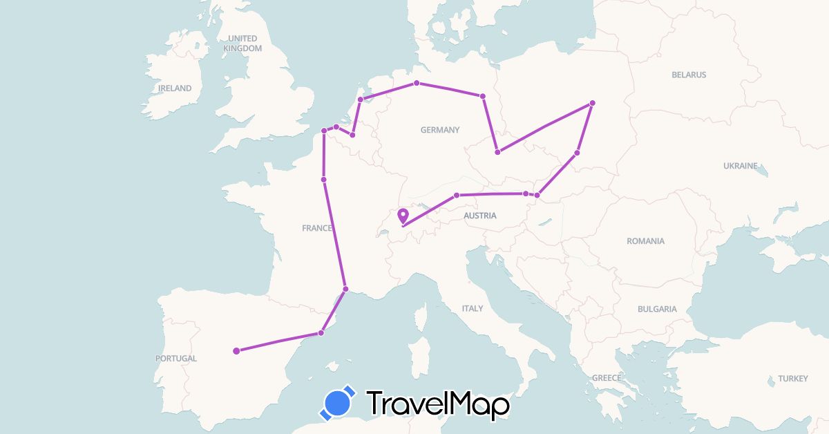 TravelMap itinerary: train in Austria, Belgium, Switzerland, Czech Republic, Germany, Spain, France, Netherlands, Poland, Slovakia (Europe)